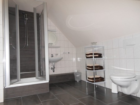 Badezimmer mit moderner Ausstattung, Dusche, graue Fliesen, Toilette, Spiegel